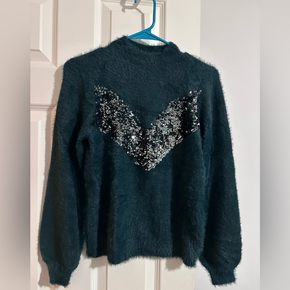 Sequin Embellished Fuzzy Sweater